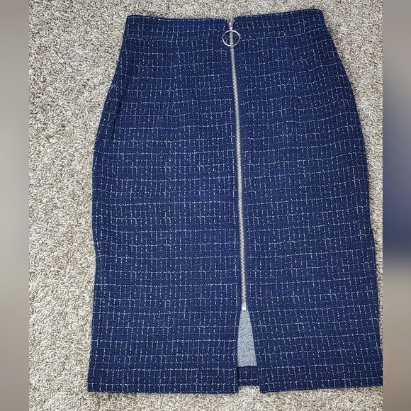 Maeve Navy Blue & White Checked Tweed Pencil Skirt - Picture 2 of 7